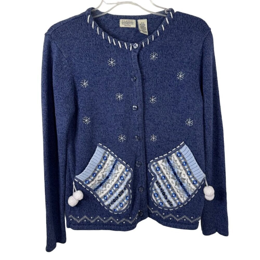 Classic Elements Blue Novelty Beaded Cardigan Sweater Winter Christmas Size SP